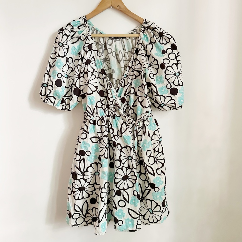 Zara White Floral Puff Sleeve Wrap Dress Teal Mini Sundress Medium